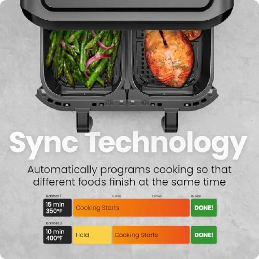 6 Quart Dual Basket Air Fryer Oven with Easy View Windows Sync Finish Technology for Even Heat