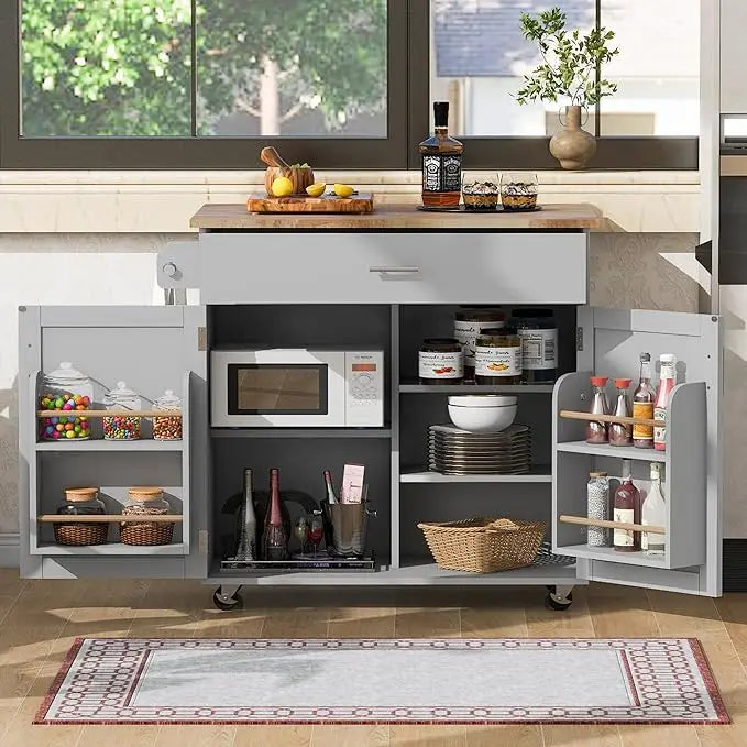 Outdoor Kitchen Island, Rolling Bar Cart & Storage Cabinet, Farmhouse Solid Wood Outdoor Grill Table with Stainless Steel Top,