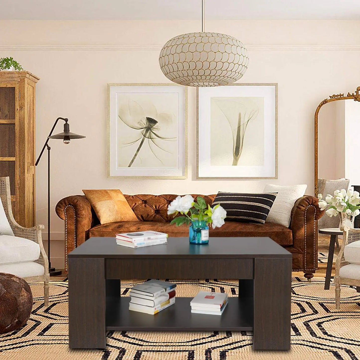 SUPER DEAL Modern Lift Top Coffee Table w/Hidden Compartment and Storage Shelves Pop-Up Storage Cocktail