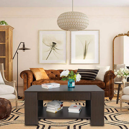 SUPER DEAL Modern Lift Top Coffee Table w/Hidden Compartment and Storage Shelves Pop-Up Storage Cocktail