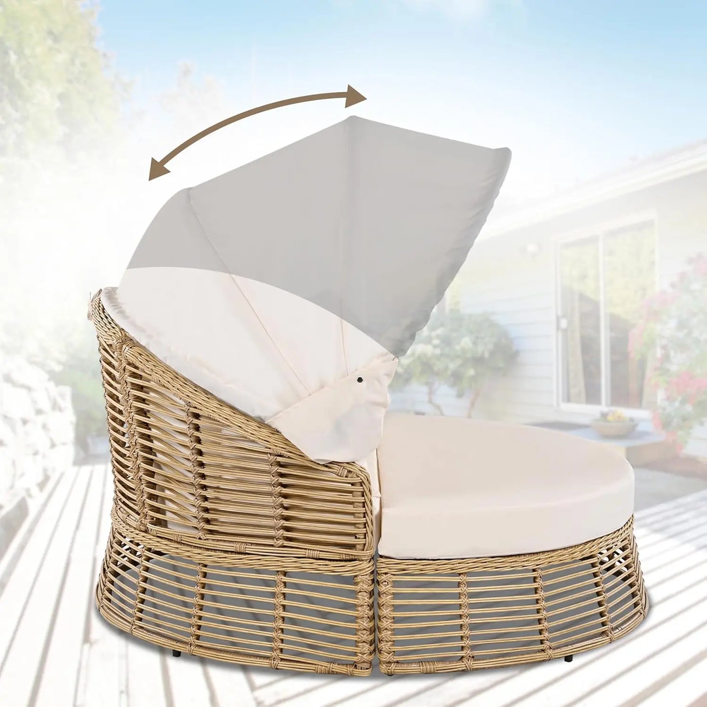 Outdoor Patio Rattan Round Daybed with Retractable Canopy Wicker Furniture