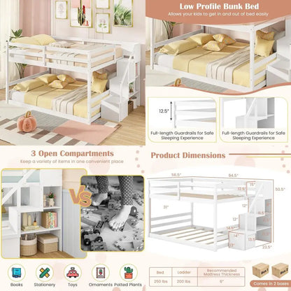 Solid wood full over full bunk bed W / staircase, storage and full-length guardrails, low loft bed