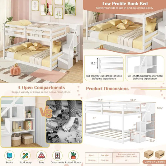 Solid wood full over full bunk bed W / staircase, storage and full-length guardrails, low loft bed