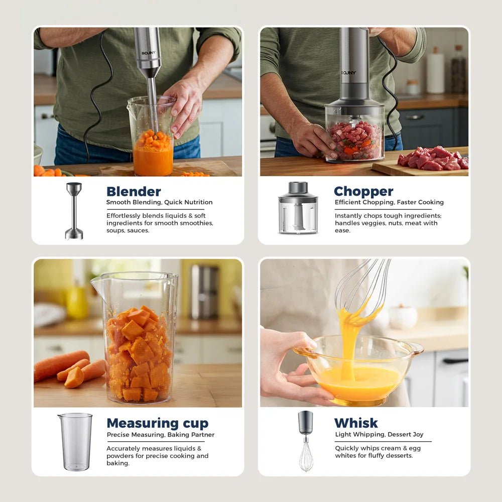 ROUNY 4-in-1 Hand Immersion Blender 1000W Powerful, Stainless Steel Stick Food Mixer