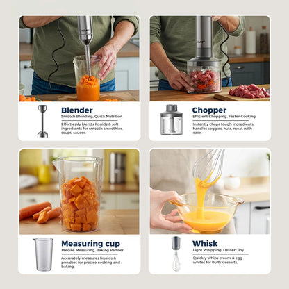 ROUNY 4-in-1 Hand Immersion Blender 1000W Powerful, Stainless Steel Stick Food Mixer