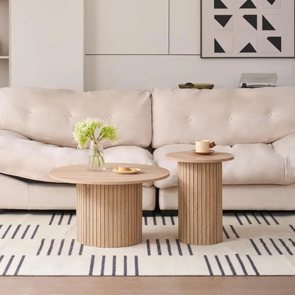Round Nesting Coffee Tables Set of 2, Wood Slat Side Table