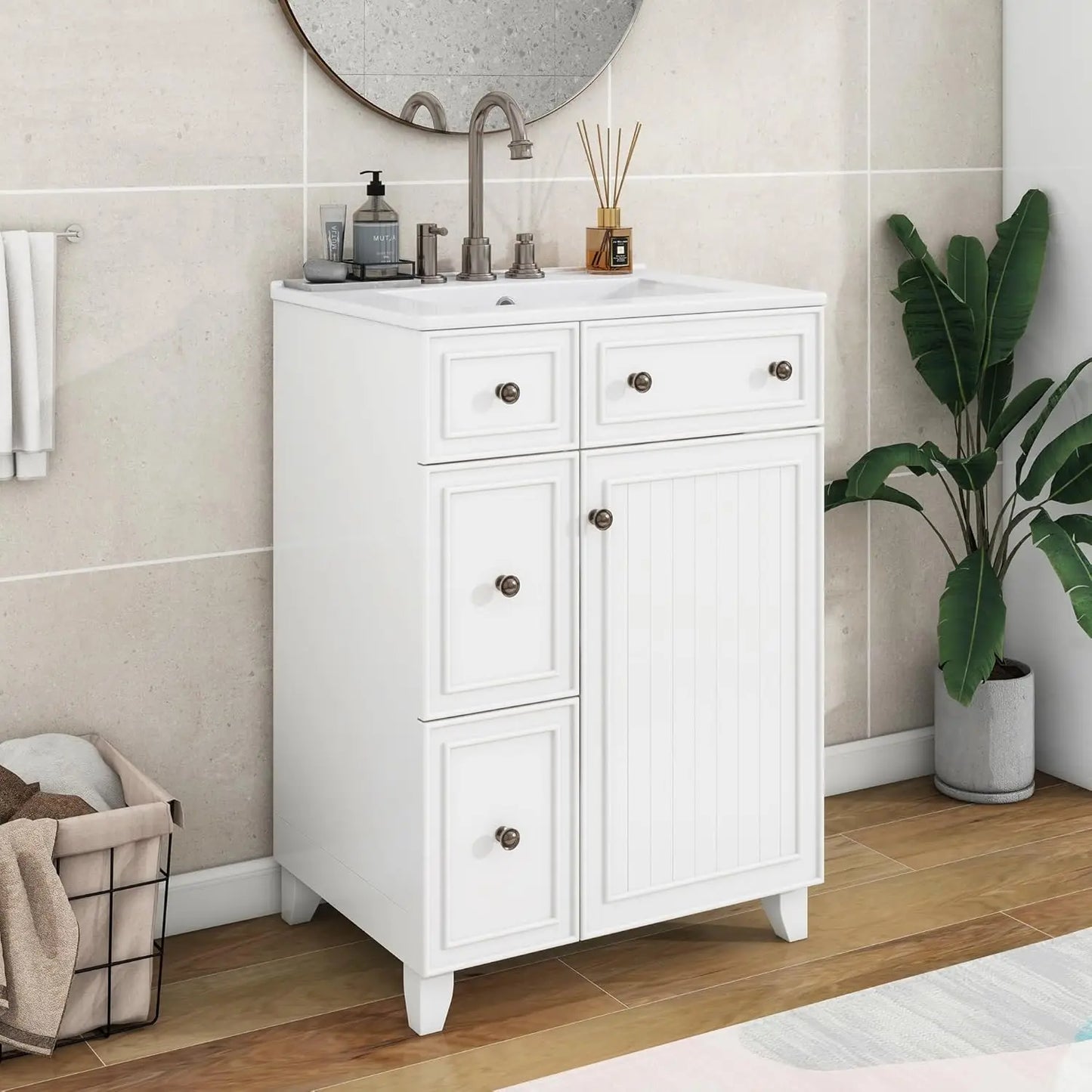24" Free Standing Bathroom Vanity Set with Sink, 2 Drawers & Door