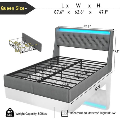 queen size metal bed frame W /storage headboard, 4 drawers, led lights & charging station