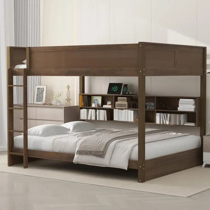 Queen Over Queen Bunk Bed with Storage, USB Ports, Antique Finish