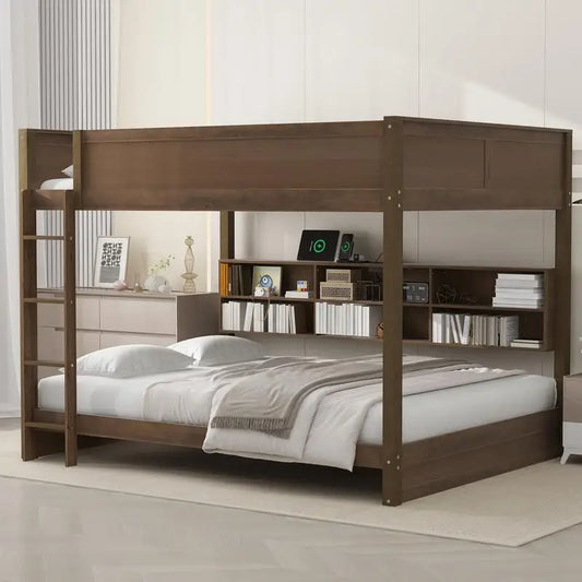 Queen Over Queen Bunk Bed with Storage, USB Ports, Antique Finish