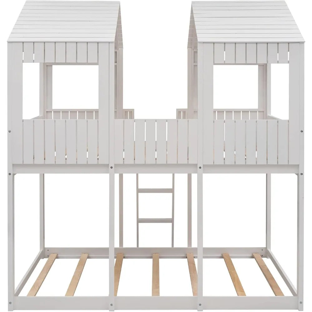 Harper & Bright Designs Full Over Full House Bunk Bed with Roof, Wood Floor Bunk Bed Frame with Window, Guardrail, Ladder for Kids