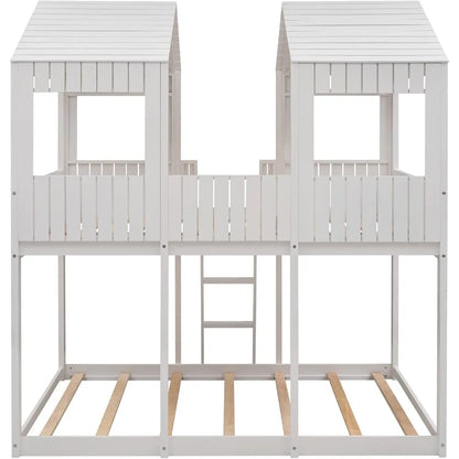 Harper & Bright Designs Full Over Full House Bunk Bed with Roof, Wood Floor Bunk Bed Frame with Window, Guardrail, Ladder for Kids