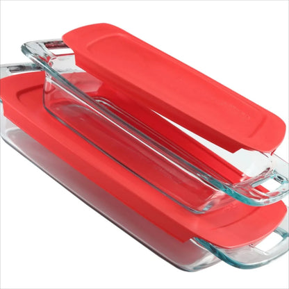 4-piece rectangular glass baking dish set with red lid