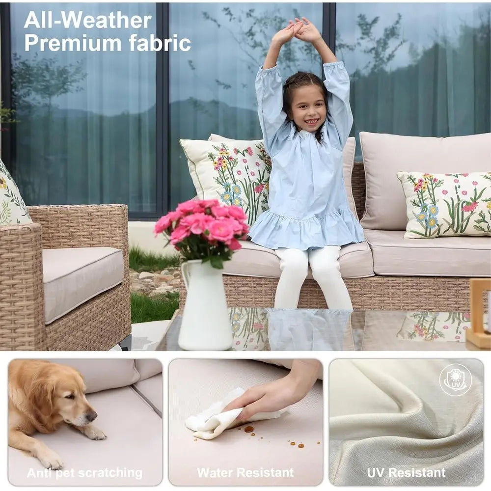 All-Weather Wicker Patio Sectional Set, Tempered Glass Table W/Thick Cushions