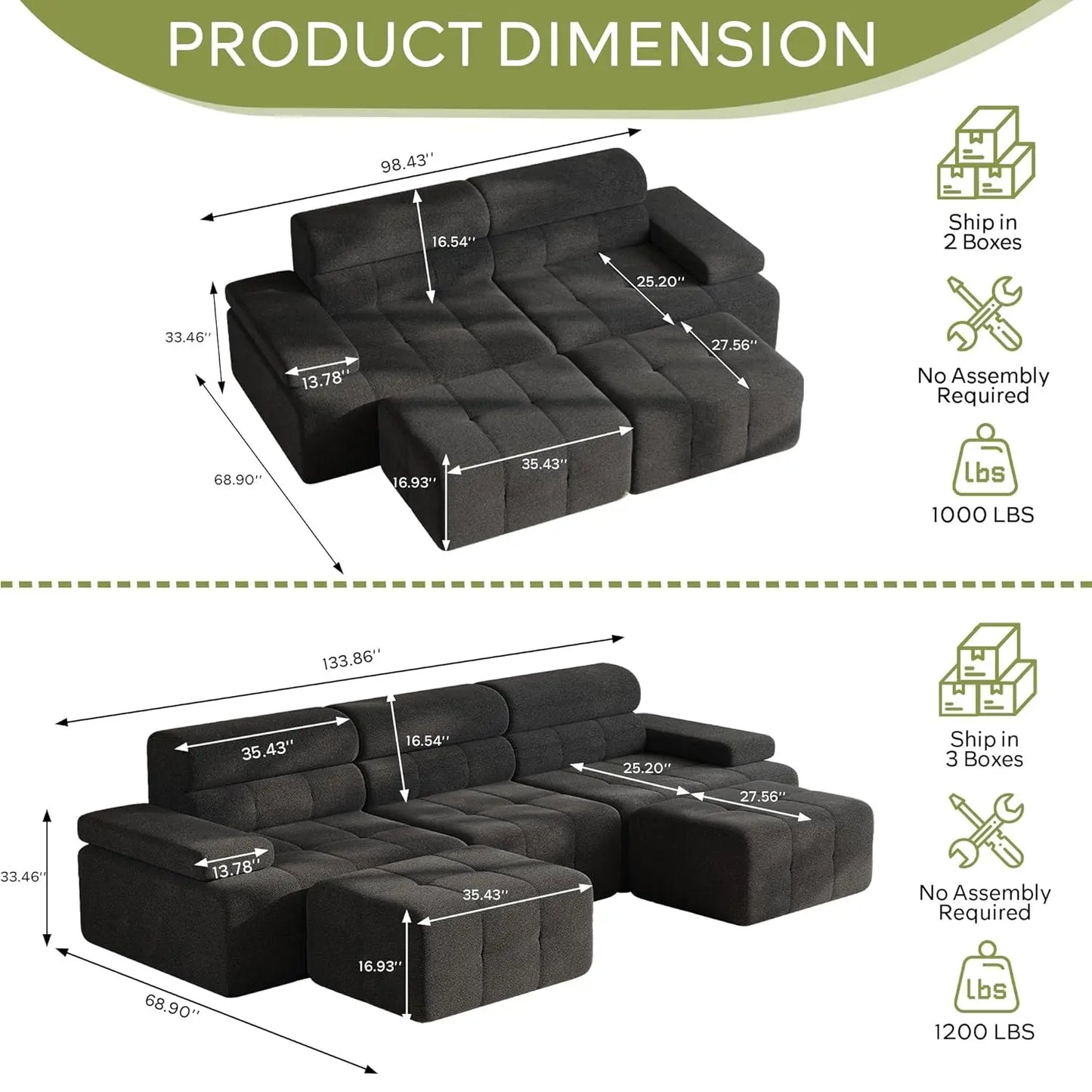 134" Boneless Couch with Ottoman & Higher Backrest