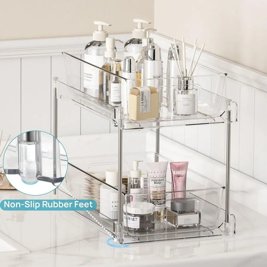 4 Pack Bathroom Organizer, 2 Tier Clear Under Sink Organizers Pullouts