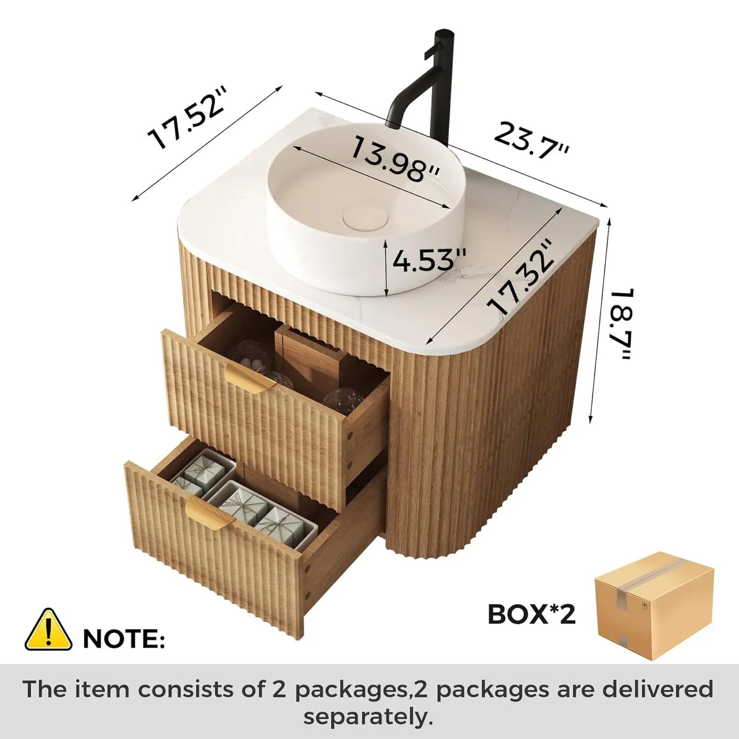 24" Floating Bathroom Vanity Ceramic Sink Combo Fluted 2 Storage Drawers