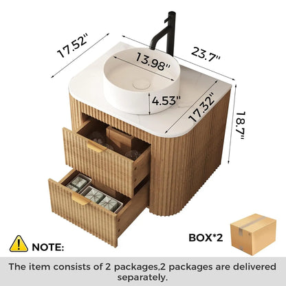24" Floating Bathroom Vanity Ceramic Sink Combo Fluted 2 Storage Drawers
