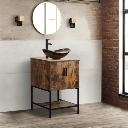 Rustic Brown 24" Bathroom Vanity & Cabinet Set w/ Shelf & Vessel Sink