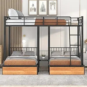 triple bunk bed with drawers, guardrails, full over twin & twin for three, space-saving design