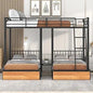 triple bunk bed with drawers, guardrails, full over twin & twin for three, space-saving design