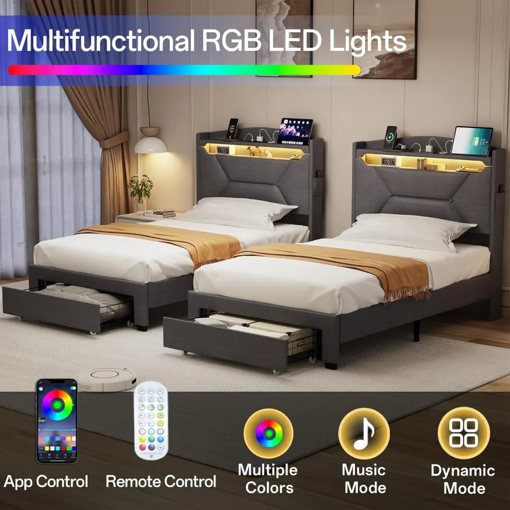 "Twin size bed frame W / storage &upholstered headboard, including drawers, charging station & led lighting"