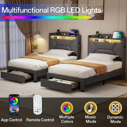 "Twin size bed frame W / storage &upholstered headboard, including drawers, charging station & led lighting"
