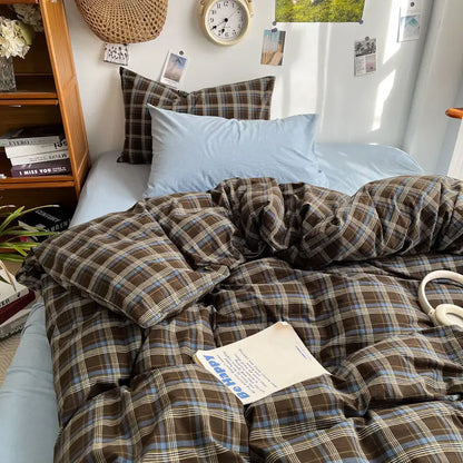 Bedding Set Ambiance Blue Coffee Grid Mixed W / Washed Cotton Fitted Sheets Duvet Cover