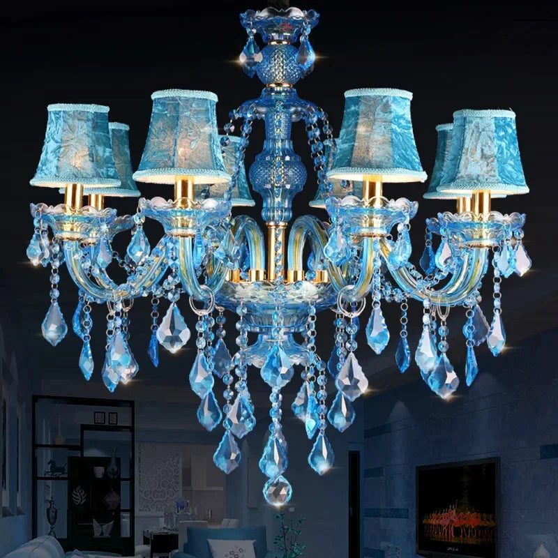 Blue Crystal Ceiling Chandeliers Printing Fabric Lampshade Hanging Lamp Modern Kitchen Restaurant Living Room LED Pendant Lights