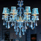 Blue Crystal Ceiling Chandeliers Printing Fabric Lampshade Hanging Lamp Modern Kitchen Restaurant Living Room LED Pendant Lights