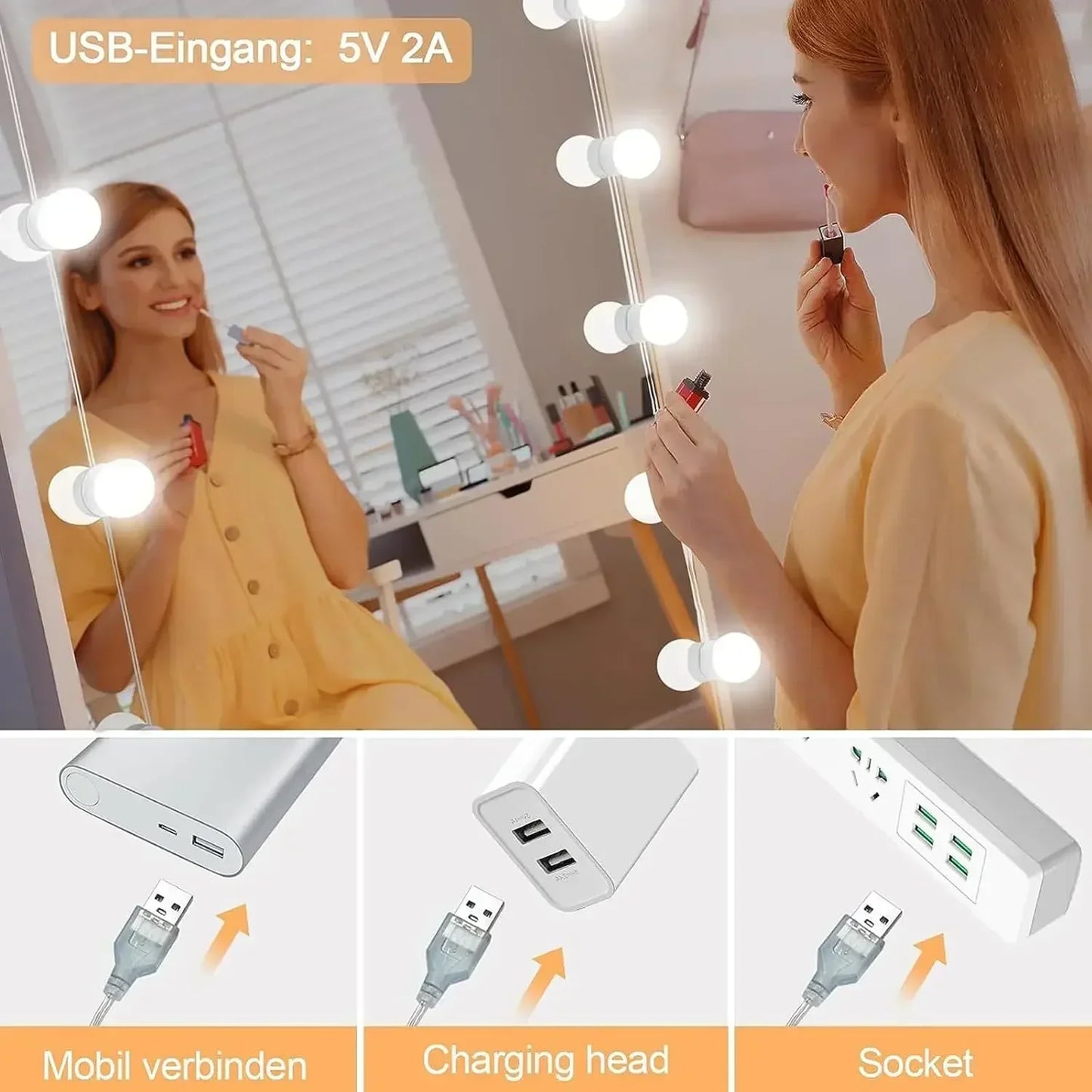 LED Makeup Mirror Light Bulbs USB Charging Vanity Makeup Mirror Lights Bathroom Dressing Table Lighting Dimmable LED Wall Lamp