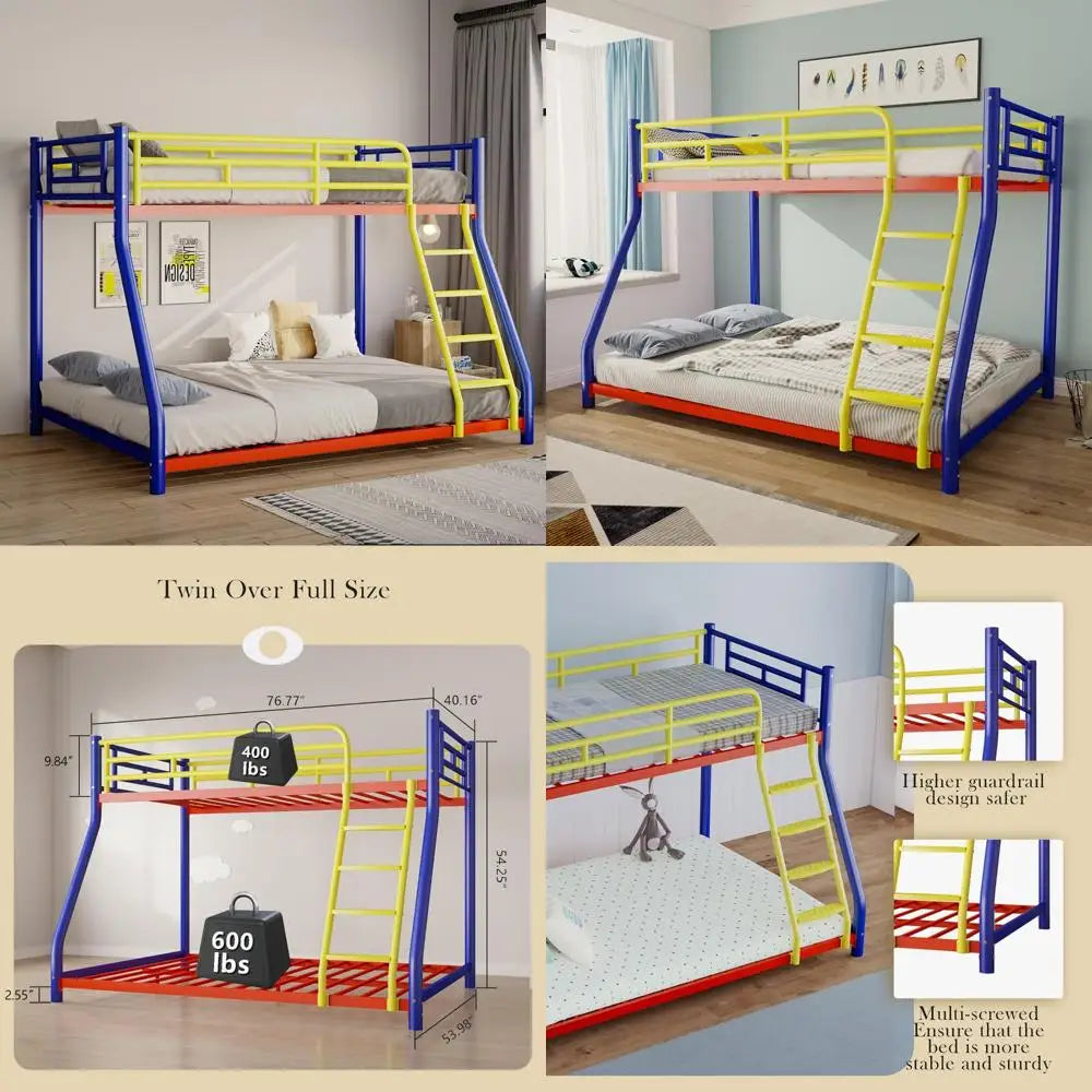 Adults Twin Over Full Bunk Bed W / Safety Rail and Ladder, Colorful Full Size Bed Frame, Trundle Bed T Option