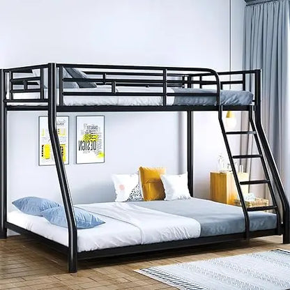 Metal Bunk Bed, Full Size Bed Frame, Twin Over Full Bunk Bed W/ Safety Guardrail and Ladder
