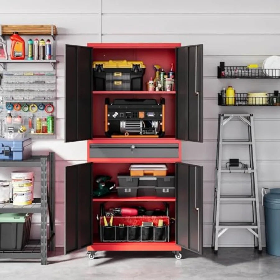 Red Metal Garage Storage Cabinet with Wheels