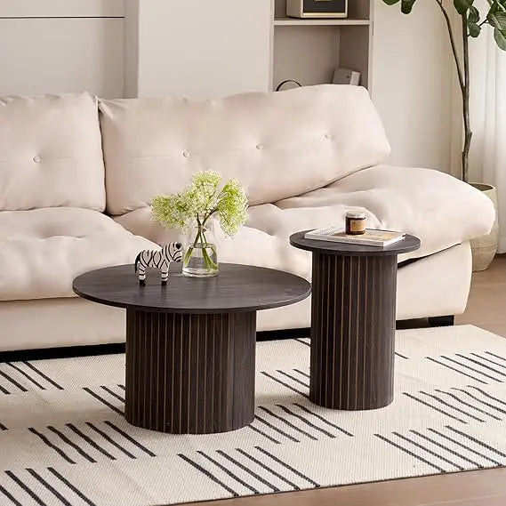 Round Nesting Coffee Tables Set of 2, Wood Slat Side Table