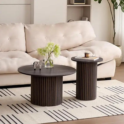 Round Nesting Coffee Tables Set of 2, Wood Slat Side Table