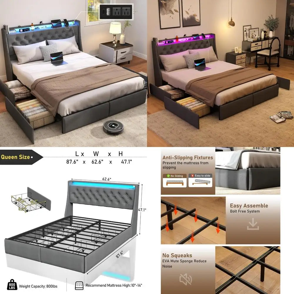 queen size metal bed frame W /storage headboard, 4 drawers, led lights & charging station