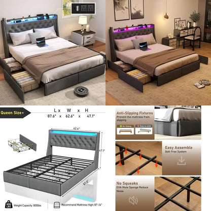 queen size metal bed frame W /storage headboard, 4 drawers, led lights & charging station