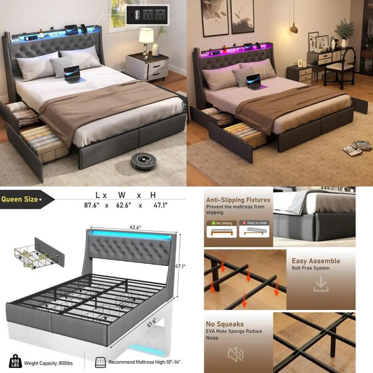 queen size metal bed frame W /storage headboard, 4 drawers, led lights & charging station