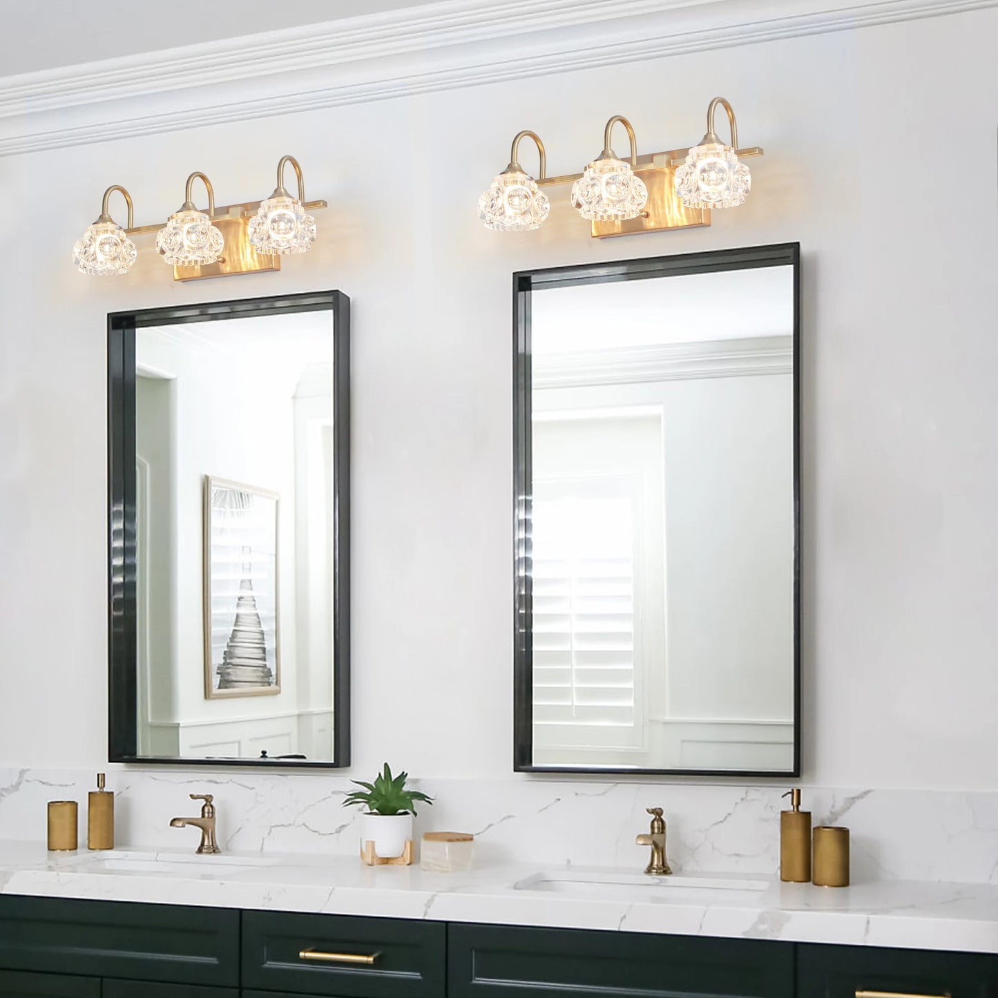 3-Light Crystal Bathroom Golden Wall Sconce with Clear Glass Shade