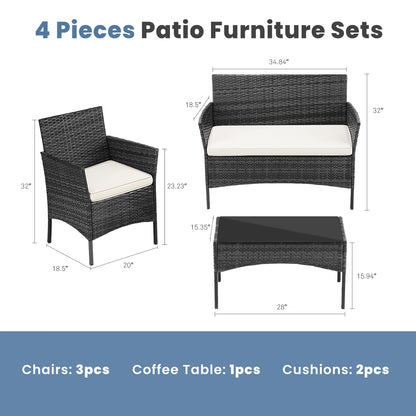 JHK 4 Piece Outdoor Patio Furniture Set with Soft Cushion and Glass Table