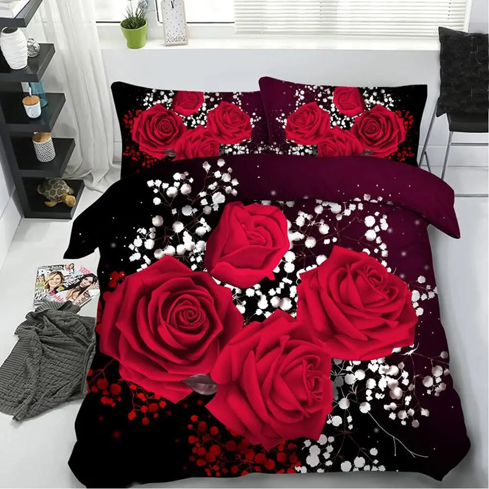 3D Oil Red Rose Bedding Sets 100% Cotton King Queen Size