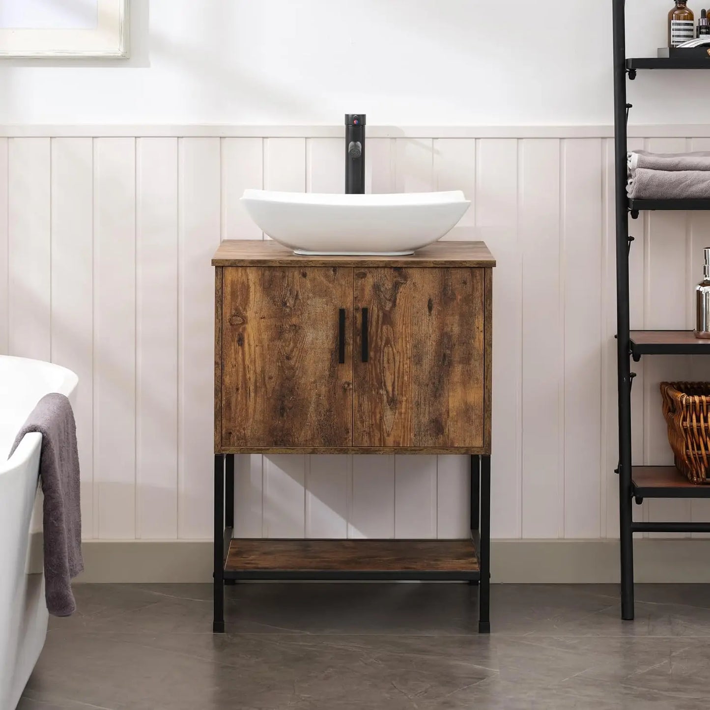 Rustic Brown 24" Bathroom Vanity & Cabinet Set w/ Shelf & Vessel Sink