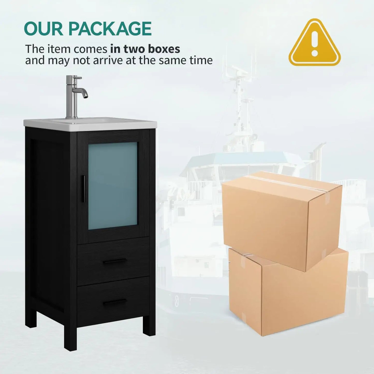 16" Modern Black Bathroom Vanity with Sink Faucet Drain