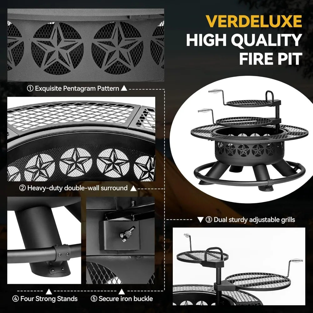 47 Inch Outdoor Fire Pit with 2 Grills, Extra Large BBQ Firepits for Outside,