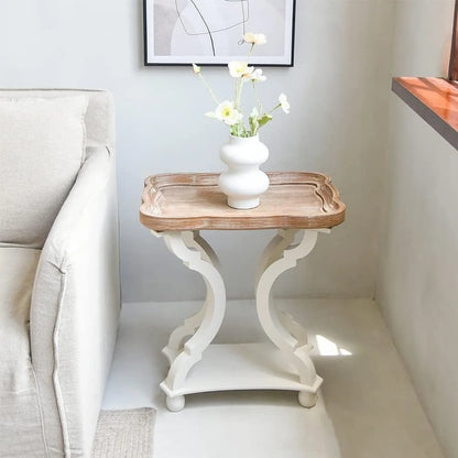 2 Farmhouse Accent End Table with Natural Tray, Solid Wood Frame