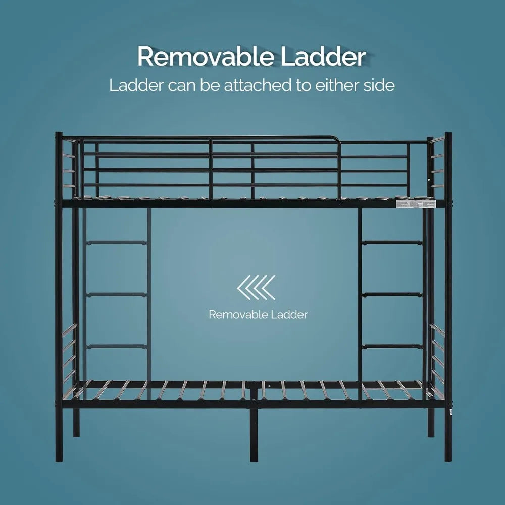 twin over twin heavy duty bunk bed W / flat ladder and 13" high guardrail for kids, teens, and adults