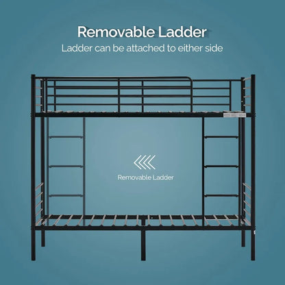 twin over twin heavy duty bunk bed W / flat ladder and 13" high guardrail for kids, teens, and adults