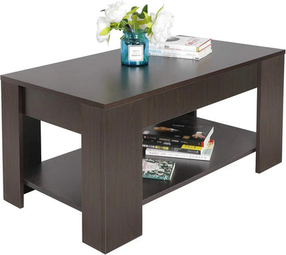 SUPER DEAL Modern Lift Top Coffee Table w/Hidden Compartment and Storage Shelves Pop-Up Storage Cocktail