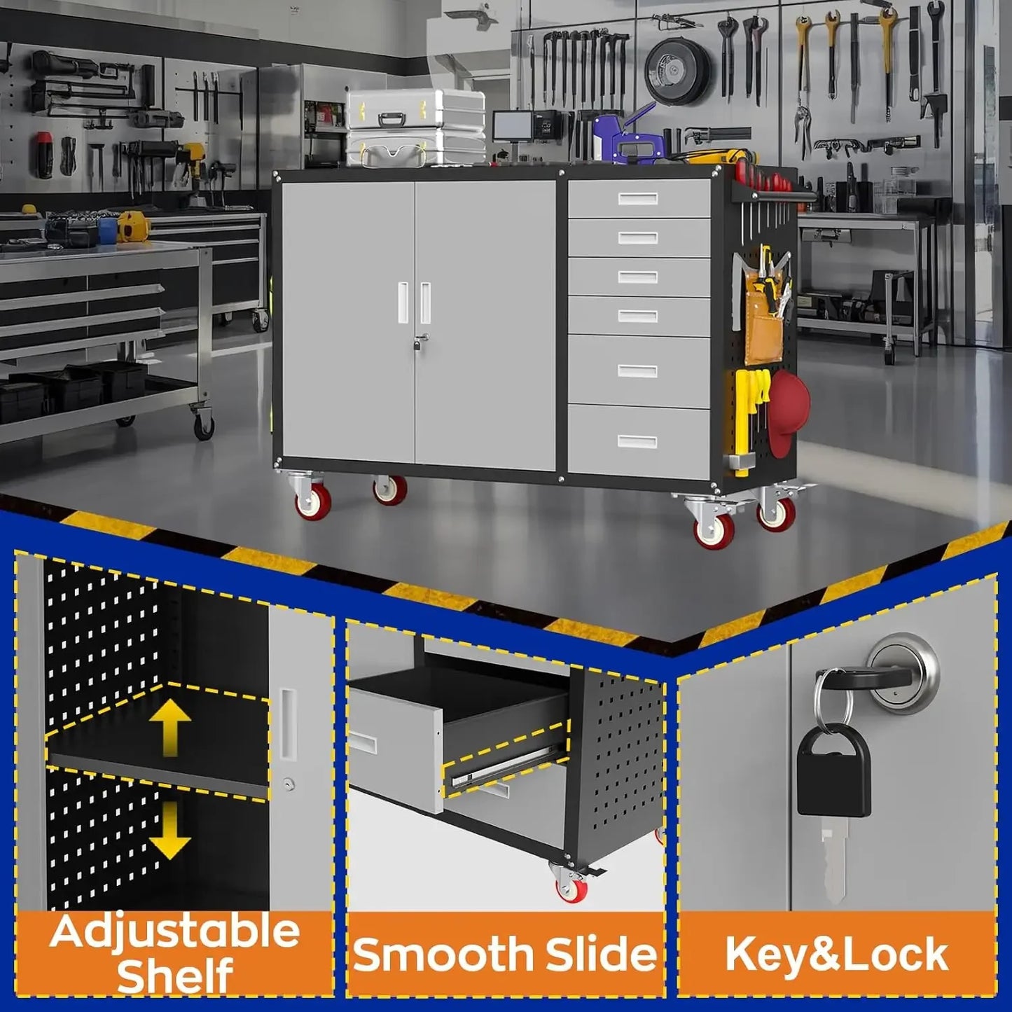 55" W Rolling Workbench with 6 Drawers and Storage Cabinet,1000 LB Capacity
